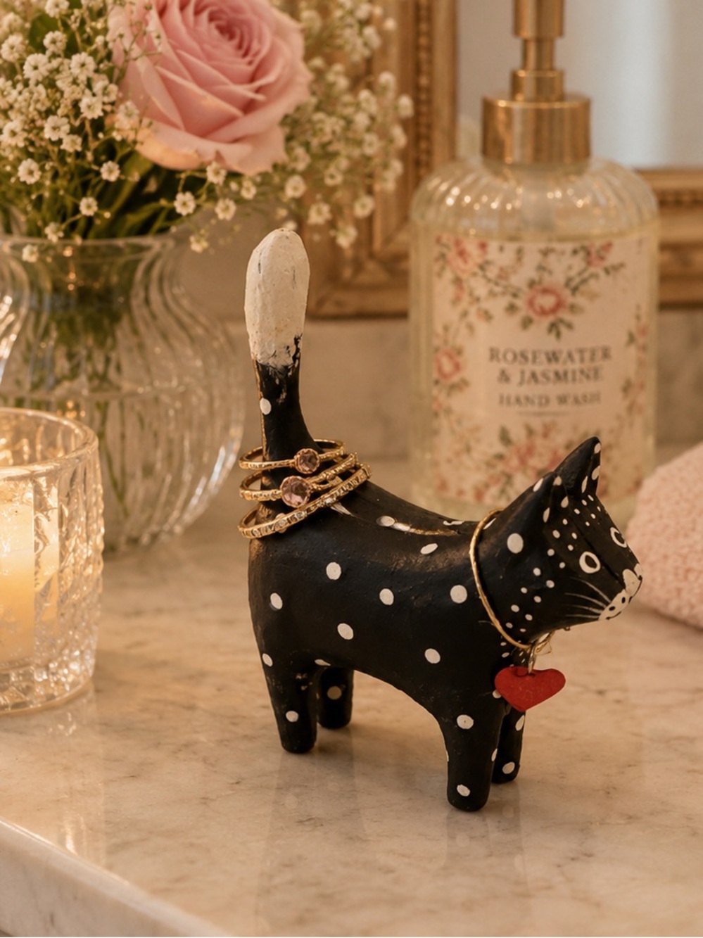 Vintage Wood Cat Figurine Ring Holder Tail Black White Polka Dots Folk Art 5”